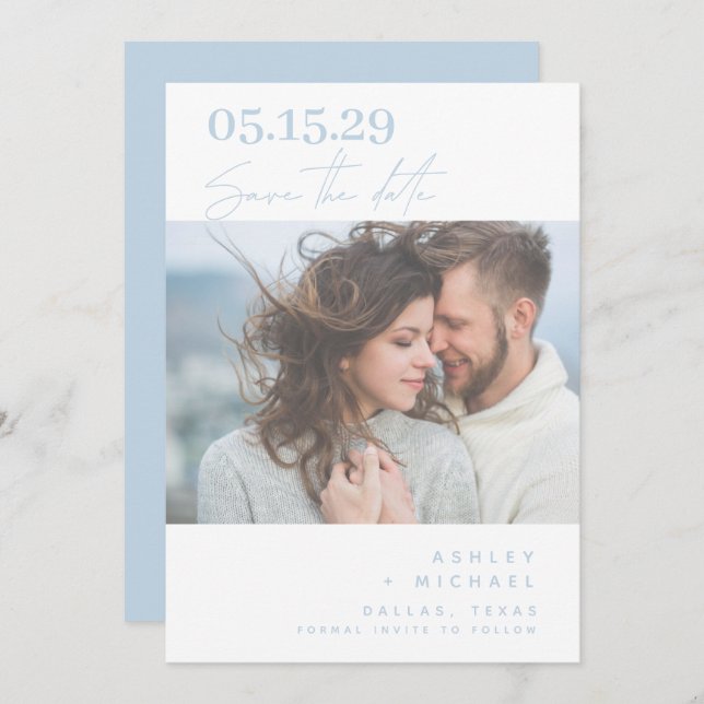 Dusty Blue Hand Lettered Typography Photo Save The Date (Front/Back)