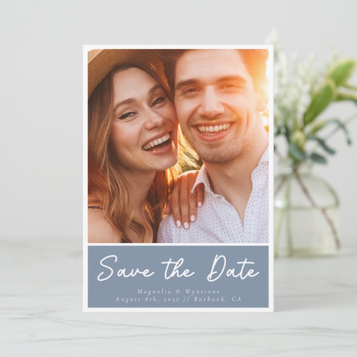 Dusty Blue Hand Lettering Photo Wedding Save The Date | Zazzle