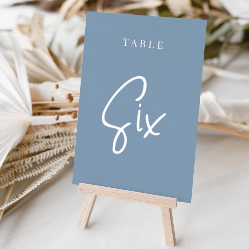 Dusty Blue Hand Scripted Table SIX Table Number