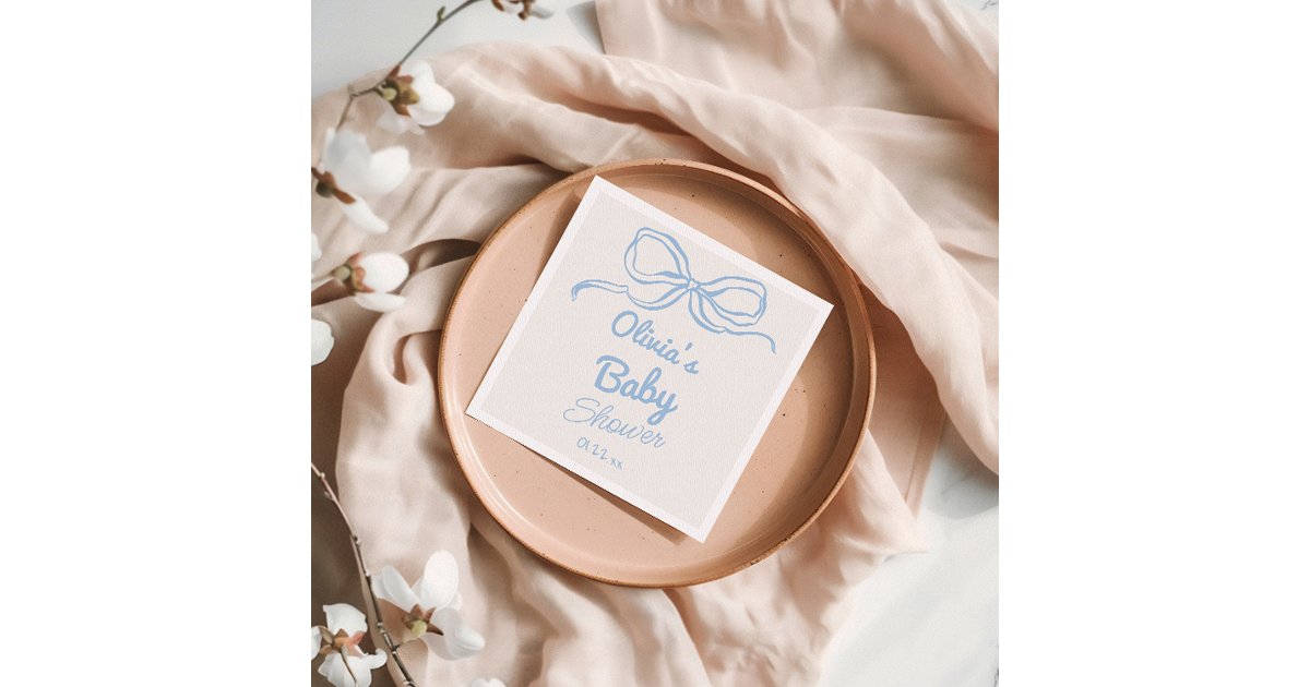 Dusty Blue Hand Written Drawn Bow Baby Boy Shower Napkins | Zazzle