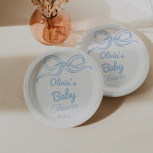 Dusty Blue Hand Written Drawn Bow Baby Boy Shower Paper Plates