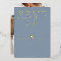 Dusty Blue Handwritten Script Photo Save The Date  Foil Invitation