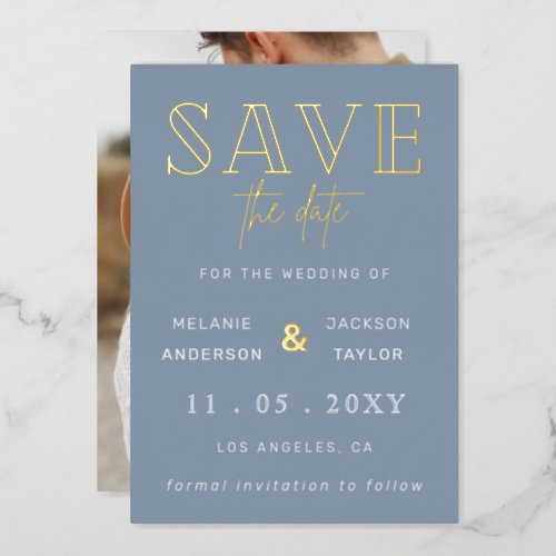 Dusty Blue Handwritten Script Photo Save The Date  Foil Invitation