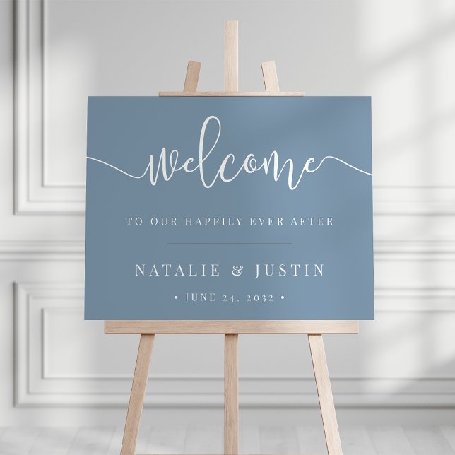 Dusty Blue Happily Ever After Wedding Welcome Sign (Dusty blue wedding welcome sign)