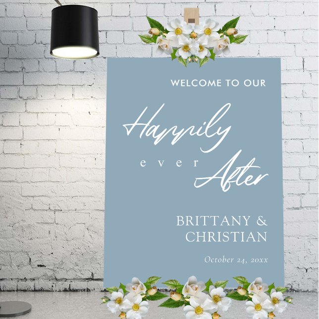 Dusty Blue Happily Ever After Wedding Welcome Sign (Personalized Elegant Happily Ever After Dusty Blue Wedding Sign)