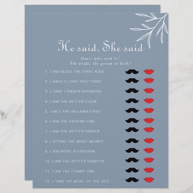 Dusty Blue He Said She Said Bridal Shower Game (Front/Back)