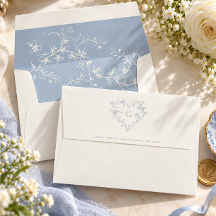 Dusty Blue Heart Crest Monogram Ivory Wedding Envelope