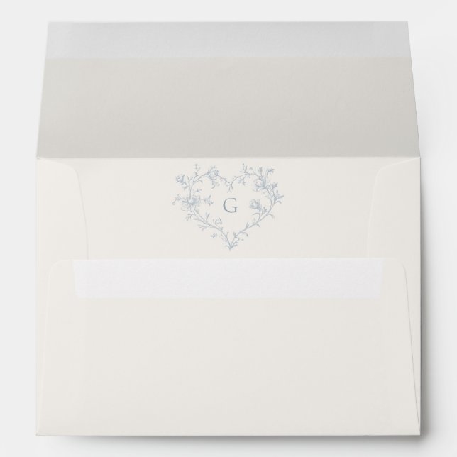 Dusty Blue Heart Crest Monogram Ivory Wedding Envelope (Back (Bottom))