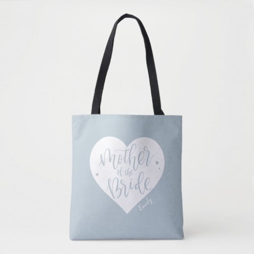 Dusty blue heart  script mother of the bride tote bag