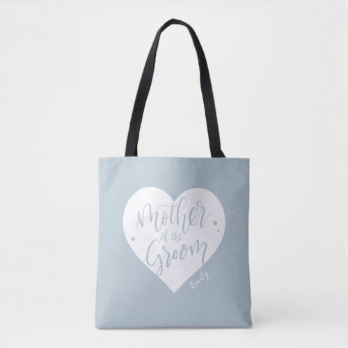 Dusty blue heart  script mother of the groom tote bag