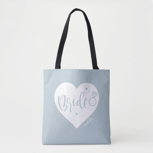Dusty blue heart & script personalized bridesmaid tote bag (Front)