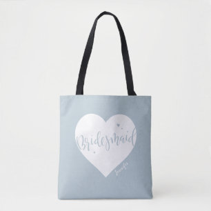 Dusty blue heart & script personalized bridesmaid tote bag