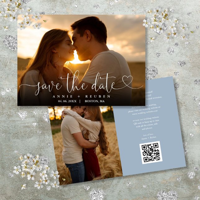 Dusty Blue Heart Script Photo Wedding QR Code Save The Date (Dusty Blue Heart Script Photo Wedding QR Code Save The Date)