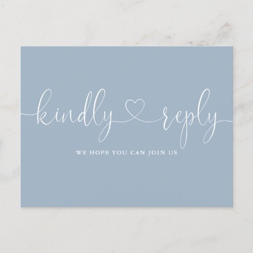 Dusty Blue Heart Script Song Request RSVP Invitation Postcard - An elegant dusty blue heart script kindly reply RSVP card. The reverse features your details and a fun guest song request. Designed by Thisisnotme©