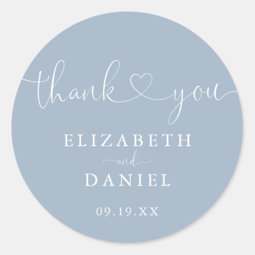 Dusty Blue Heart Script Thank You Wedding Favor Classic Round Sticker