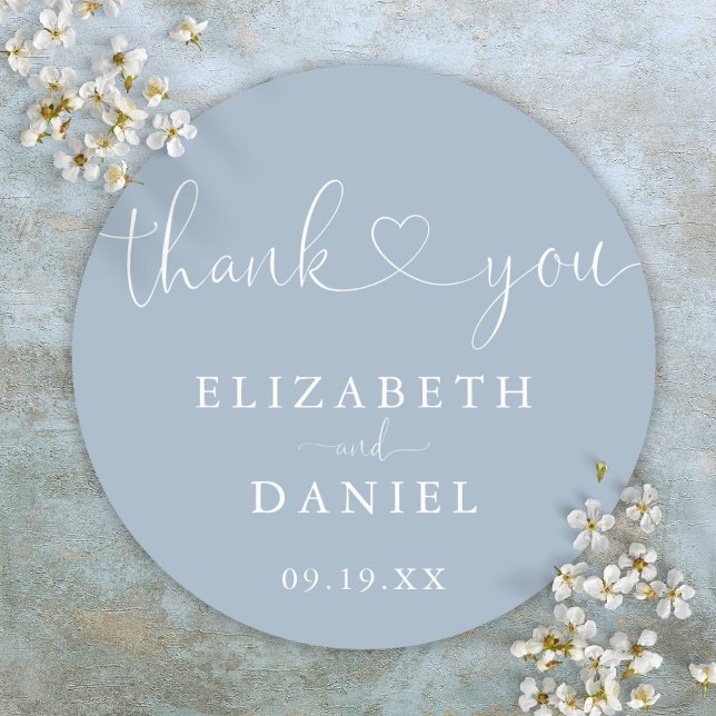 Dusty Blue Heart Script Thank You Wedding Favor Classic Round Sticker (Dusty Blue Heart Script Thank You Wedding Favor Classic Round Sticker)
