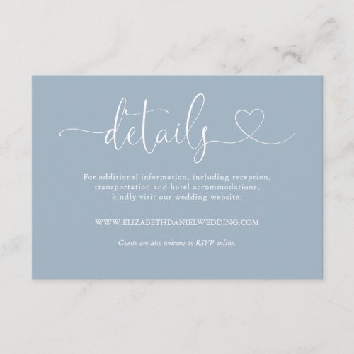 Dusty Blue Heart Script Wedding Details Enclosure Card