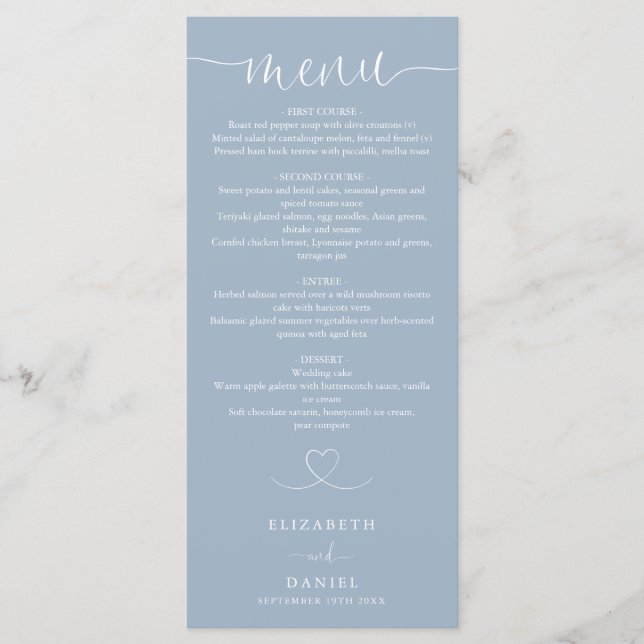Dusty Blue Heart Script Wedding Dinner Menu (Front)