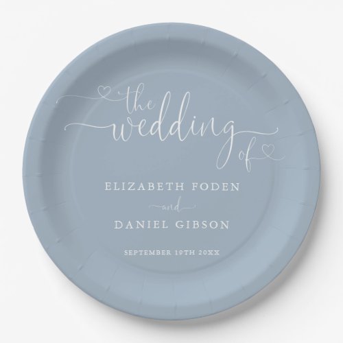 Dusty Blue Heart Script Wedding Paper Plates
