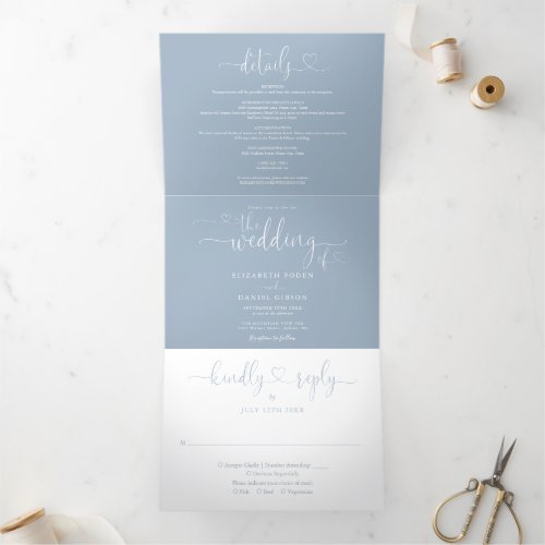 Dusty Blue Heart Script Wedding Tri_Fold Invitation