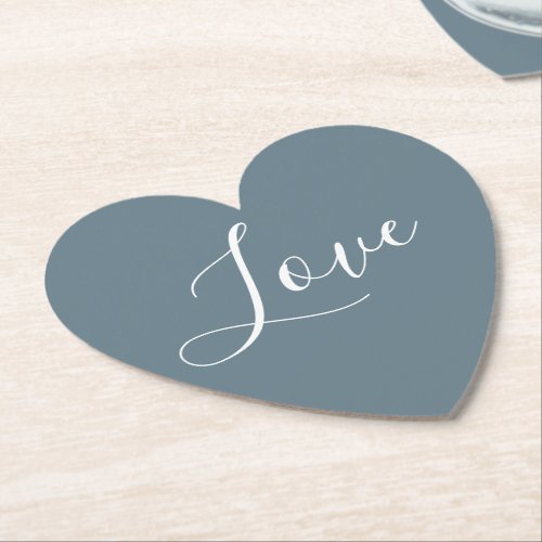 Dusty Blue Heart White Love Script Paper Coaster