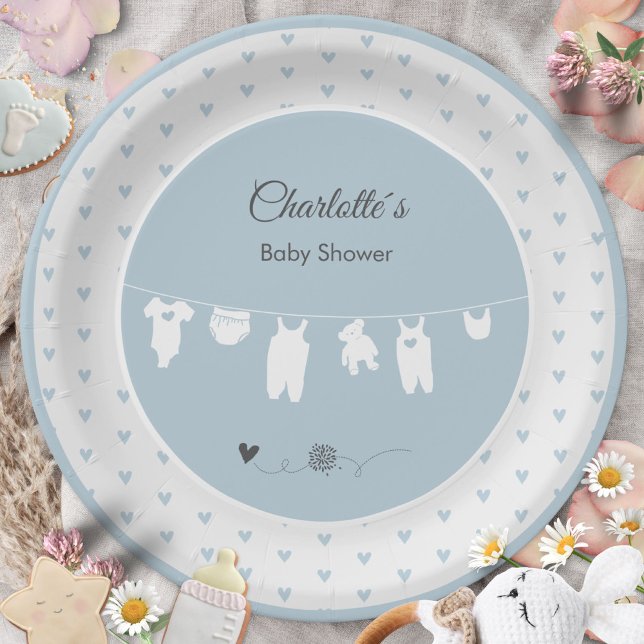 Dusty Blue Hearts Boho Baby Boy Shower Paper Plates (Dusty Blue Hearts Boho Baby Boy Shower Paper Plates ©Susanne Sachers - Sunny Mind 🌞 )
