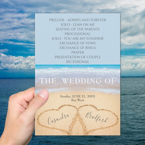 Dusty Blue Hearts in  Sand Beach Wedding Program