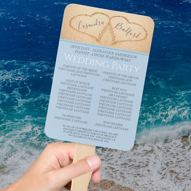 Dusty Blue Hearts in  Sand Beach Wedding Program Hand Fan (Creator Uploaded)