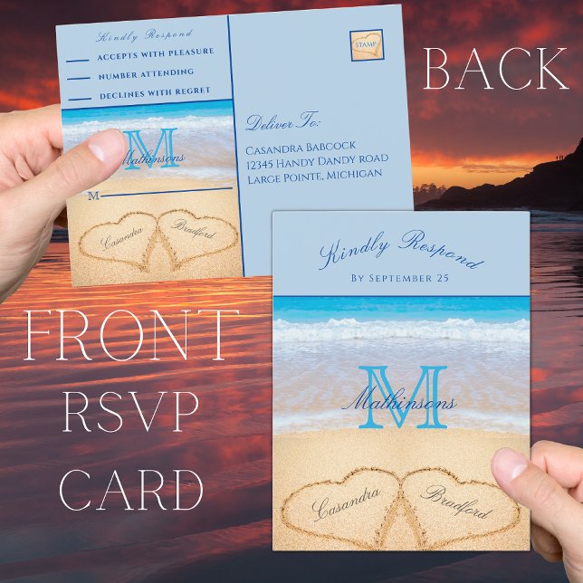 Dusty Blue hearts in the sand Beach Wedding Postcard (Creator Uploaded)
