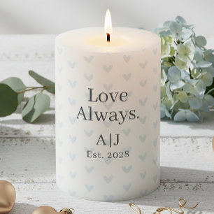 Dusty Blue Hearts Love Always Year Established Pillar Candle