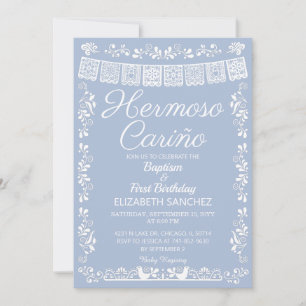 Dusty Blue Hermoso Cariño Baptism & First Birthday Invitation