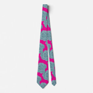 Dusty Blue Hot Pink Floral Rose Vintage Gift Favor Neck Tie