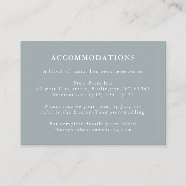 Dusty Blue Hotel Accommodation Information Enclosure Card (Front)
