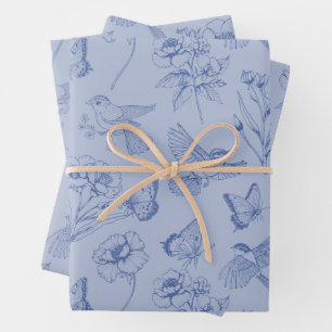 Dusty Blue Hummingbird & Butterfly Floral Wrapping Paper Sheets