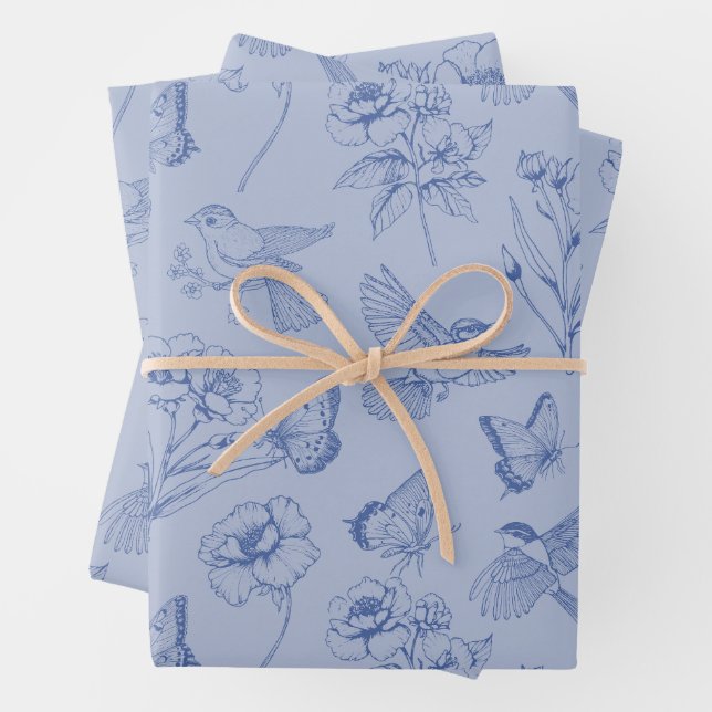 Dusty Blue Hummingbird & Butterfly Floral Wrapping Wrapping Paper Sheets (In situ)