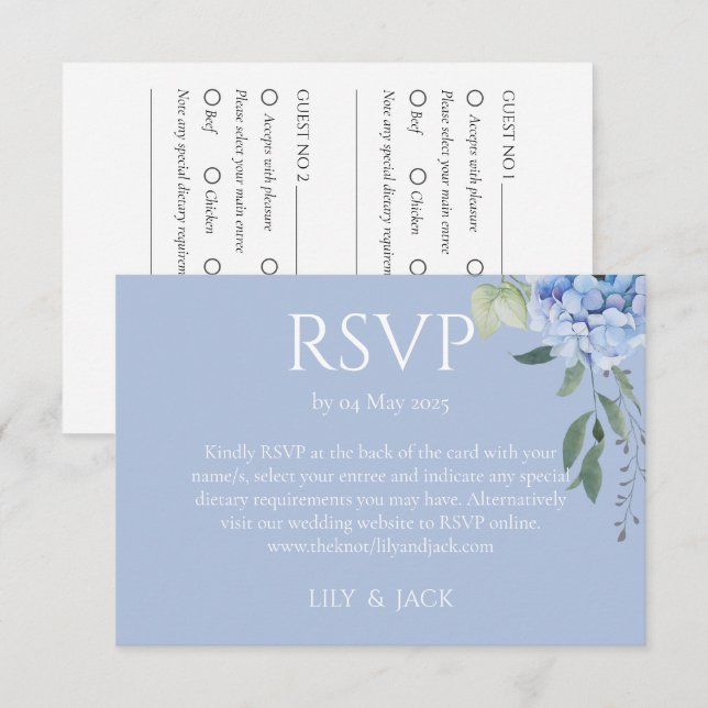 Dusty Blue Hydrangea 2 Guest Wedding RSVP Enclosure Card (Front/Back)