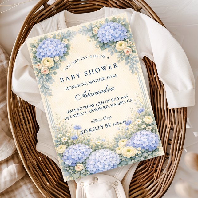 Dusty Blue Hydrangea Baroque Floral Baby Shower Invitation (Creator Uploaded)