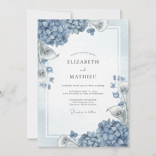 Dusty Blue Hydrangea Bloom Wedding Invitation (Front)