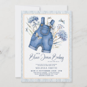 Dusty Blue Hydrangea Blue Jean Baby Shower Invitation