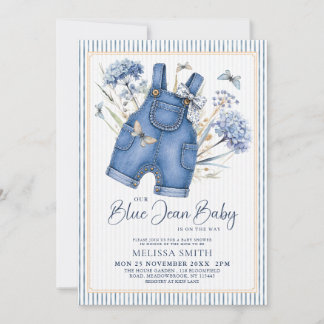 Dusty Blue Hydrangea Blue Jean Baby Shower Invitation