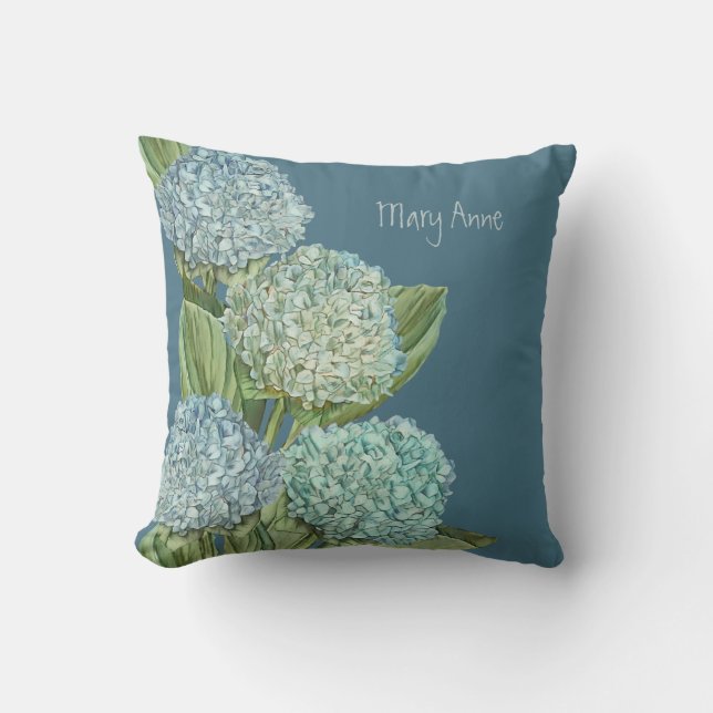 Dusty Blue Hydrangea Bouquet Throw Pillow (Front)