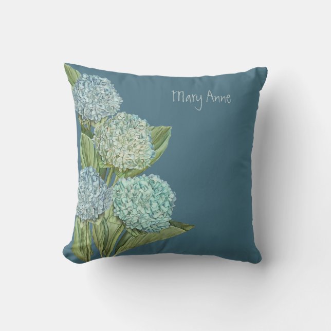 Dusty Blue Hydrangea Bouquet Throw Pillow (Front)