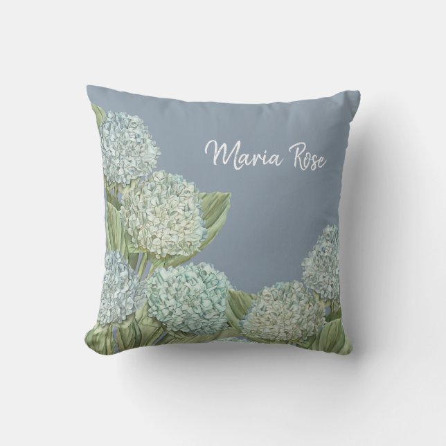Dusty Blue Hydrangea Bouquet Throw Pillow (Front)