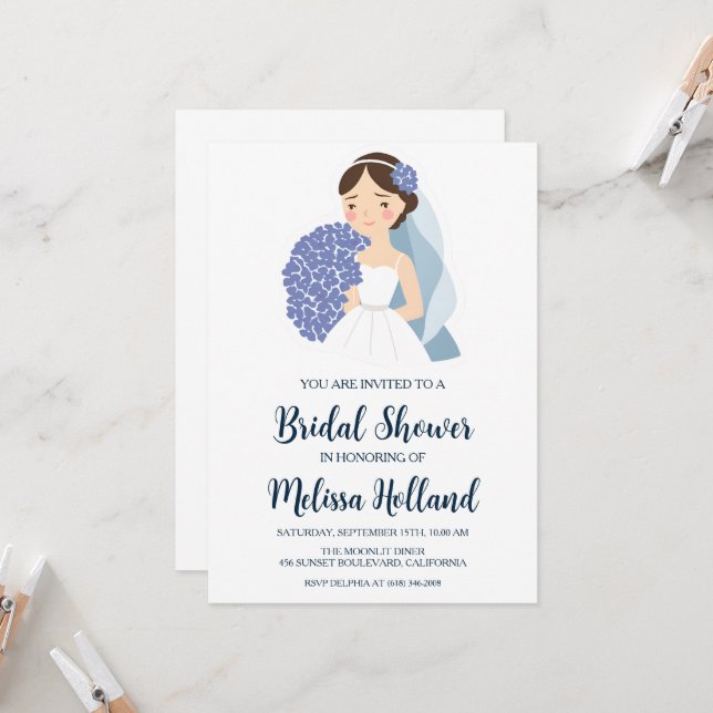 dusty blue hydrangea bridal shower invitations (Front/Back In Situ)