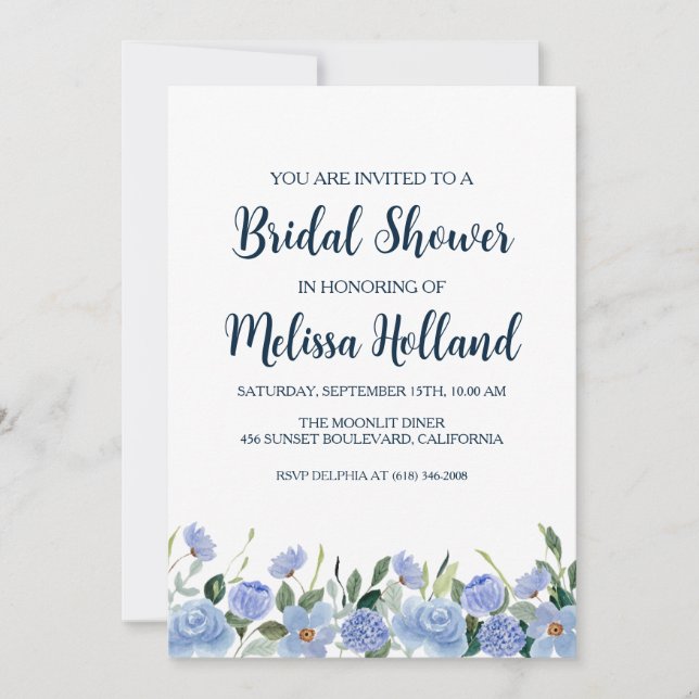 dusty blue hydrangea bridal shower invitations (Front)