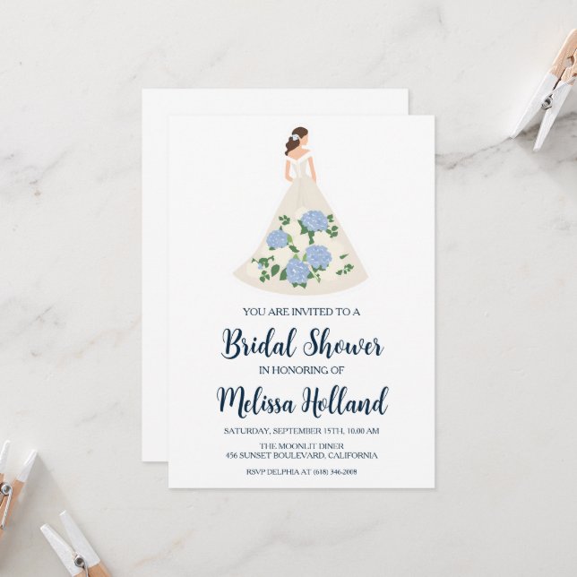 dusty blue hydrangea bridal shower invitations (Front/Back In Situ)