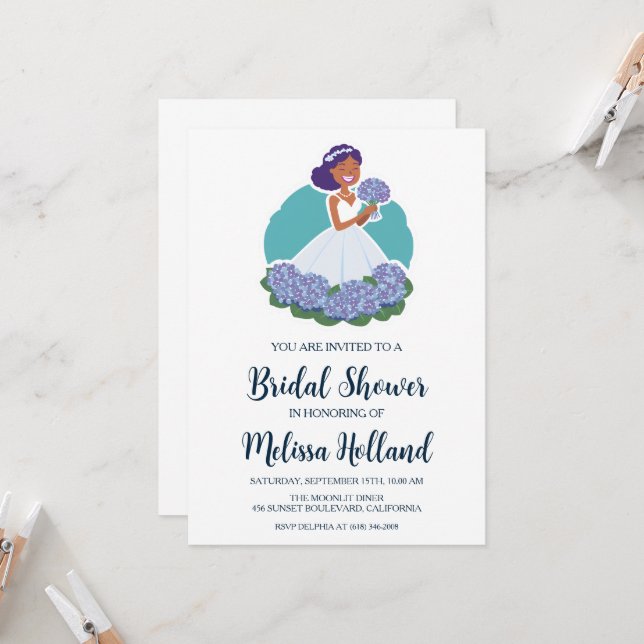 dusty blue hydrangea bridal shower invitations (Front/Back In Situ)