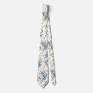 Dusty Blue Hydrangea Cream White Rose Floral Neck Tie