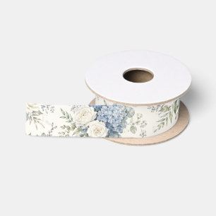 Dusty Blue Hydrangea Cream White Rose Floral Satin Ribbon