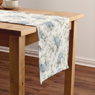 Dusty Blue Hydrangea Cream White Rose Floral Short Table Runner